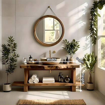 Live Edge Solid Wood Bathroom Vanity with Open Shelf – Handmade - Rustira