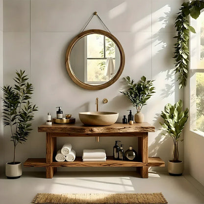 Live Edge Solid Wood Bathroom Vanity with Open Shelf – Handmade - Rustira