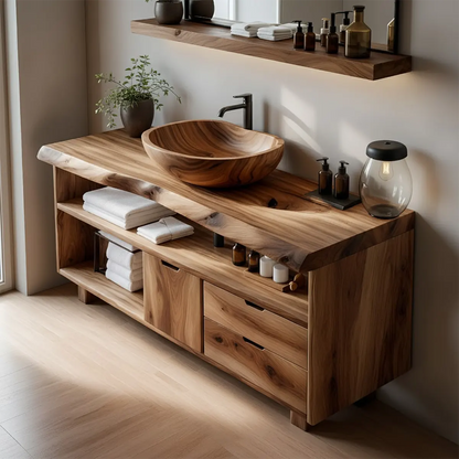 Live Edge Solid Wood Bathroom Vanity with Open Shelves & Drawers - Rustira