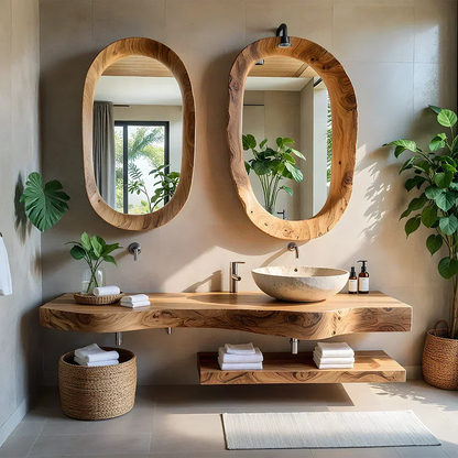 Live Edge Solid Wood Vanity with Dual Organic Mirrors - Rustira