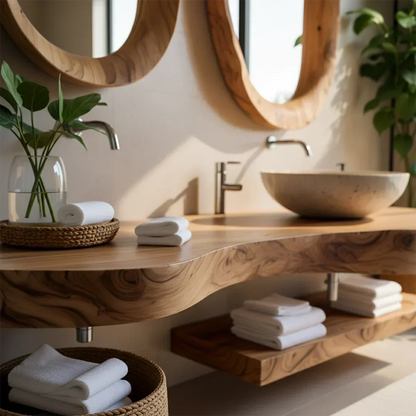Live Edge Solid Wood Vanity with Dual Organic Mirrors - Rustira