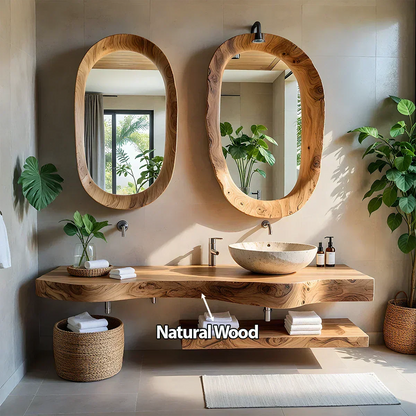 Live Edge Solid Wood Vanity with Dual Organic Mirrors - Rustira