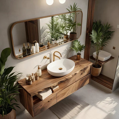Live-Edge Walnut Floating Bathroom Vanity - Solid Wood Bathroom Cabinet - Rustira