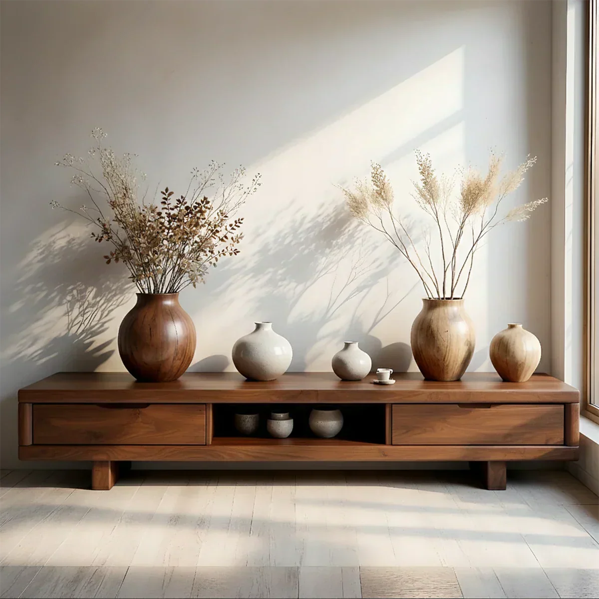 Low Solid Wood Japandi TV Stand – Minimal Zen Media Console - Rustira