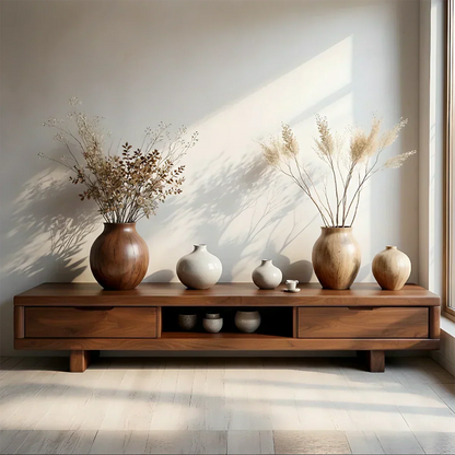 Low Solid Wood Japandi TV Stand – Minimal Zen Media Console - Rustira