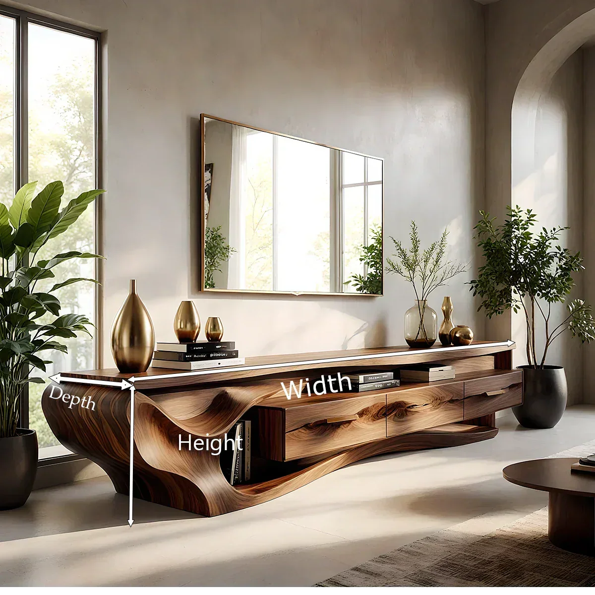 Luxury Wave-Carved Solid Wood TV Stand - Organic Modern Media Console - Rustira