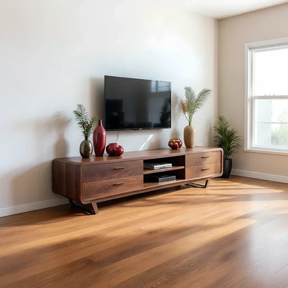 Mid-Century Modern Solid Walnut TV Stand with Rounded Corners - Rustira