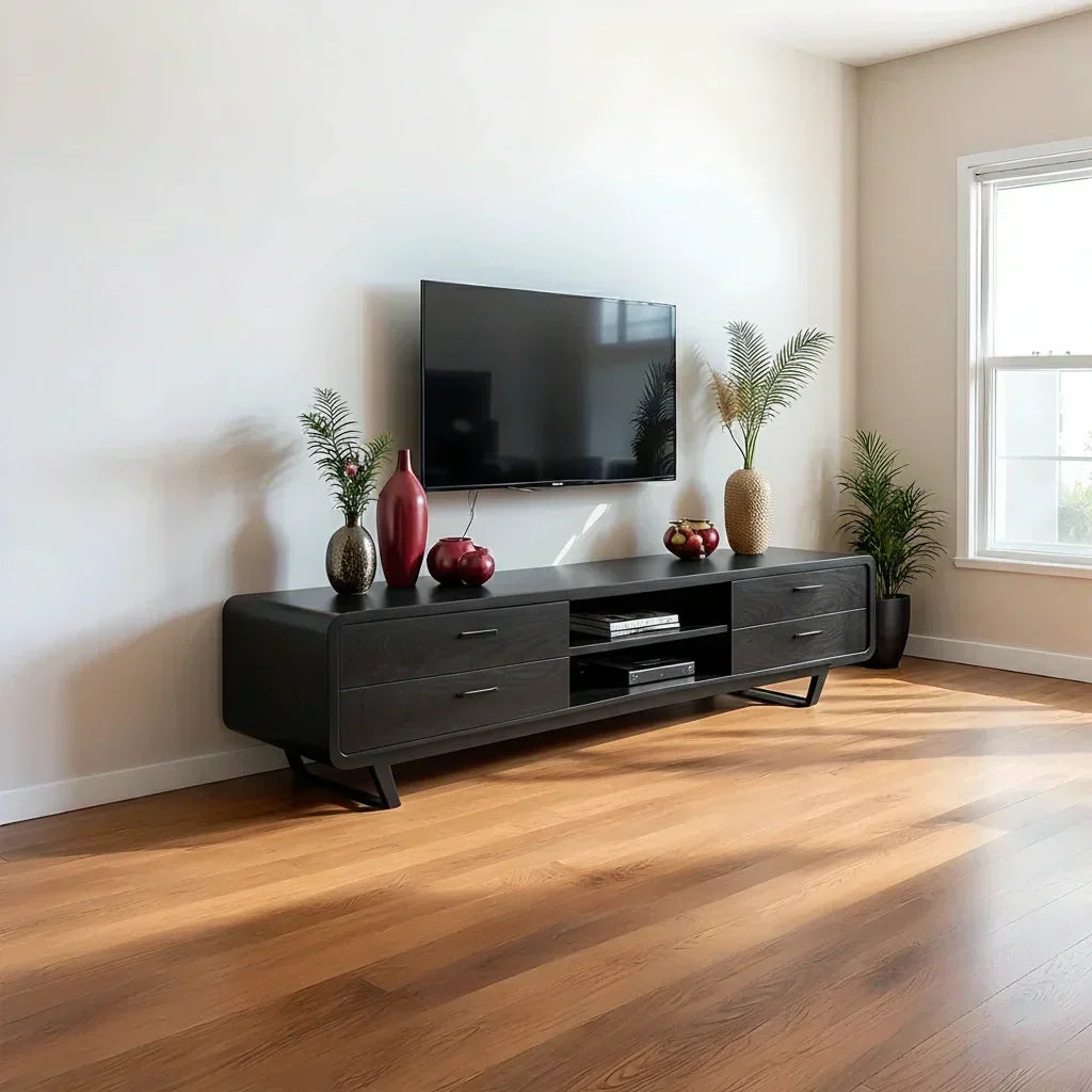 Mid-Century Modern Solid Walnut TV Stand with Rounded Corners - Rustira