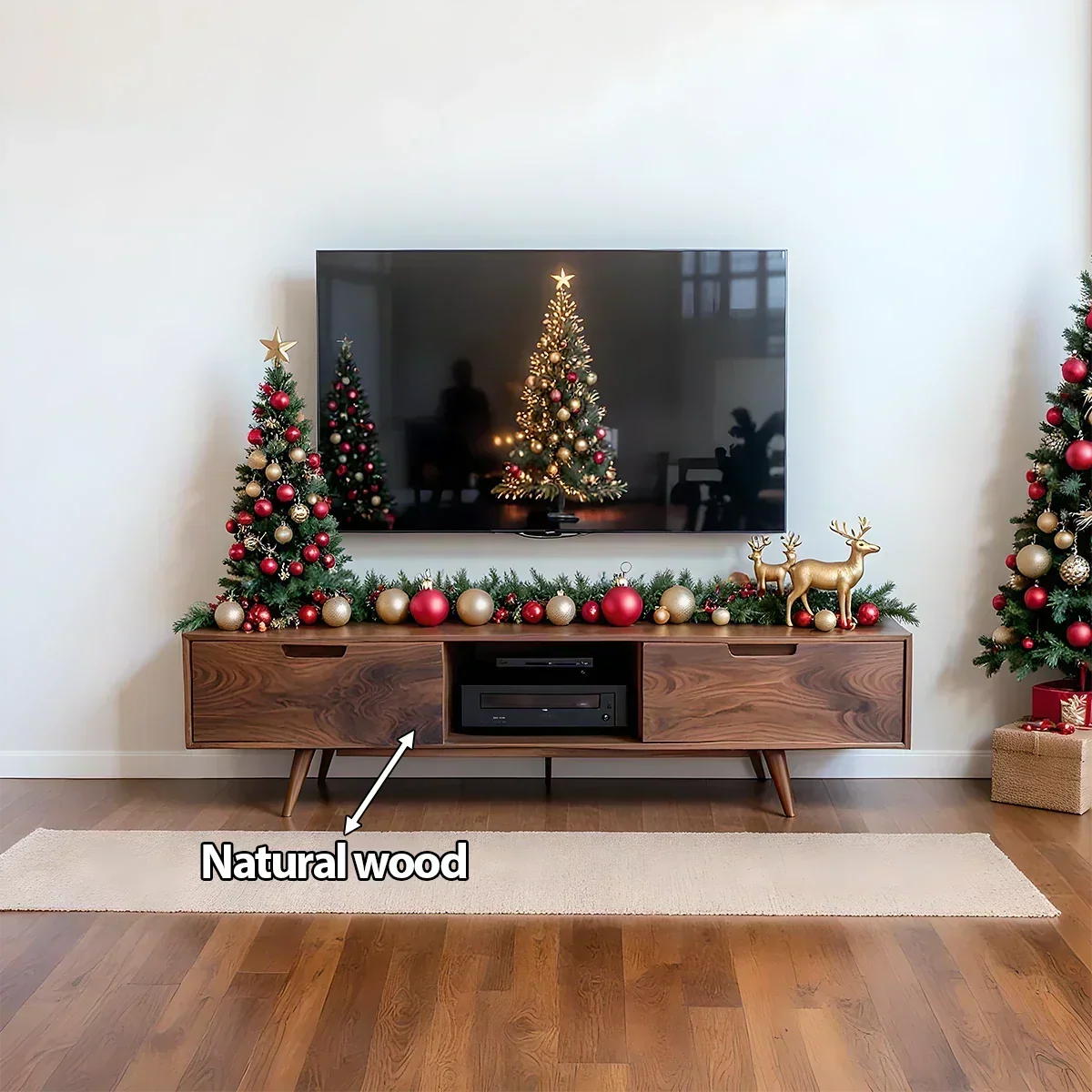 Mid-Century Modern Solid Wood TV Stand with Clean Walnut Finish - Rustira