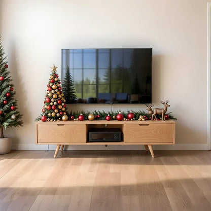 Mid-Century Solid Wood TV Stand with Tapered Legs & Storage Drawers - Rustira