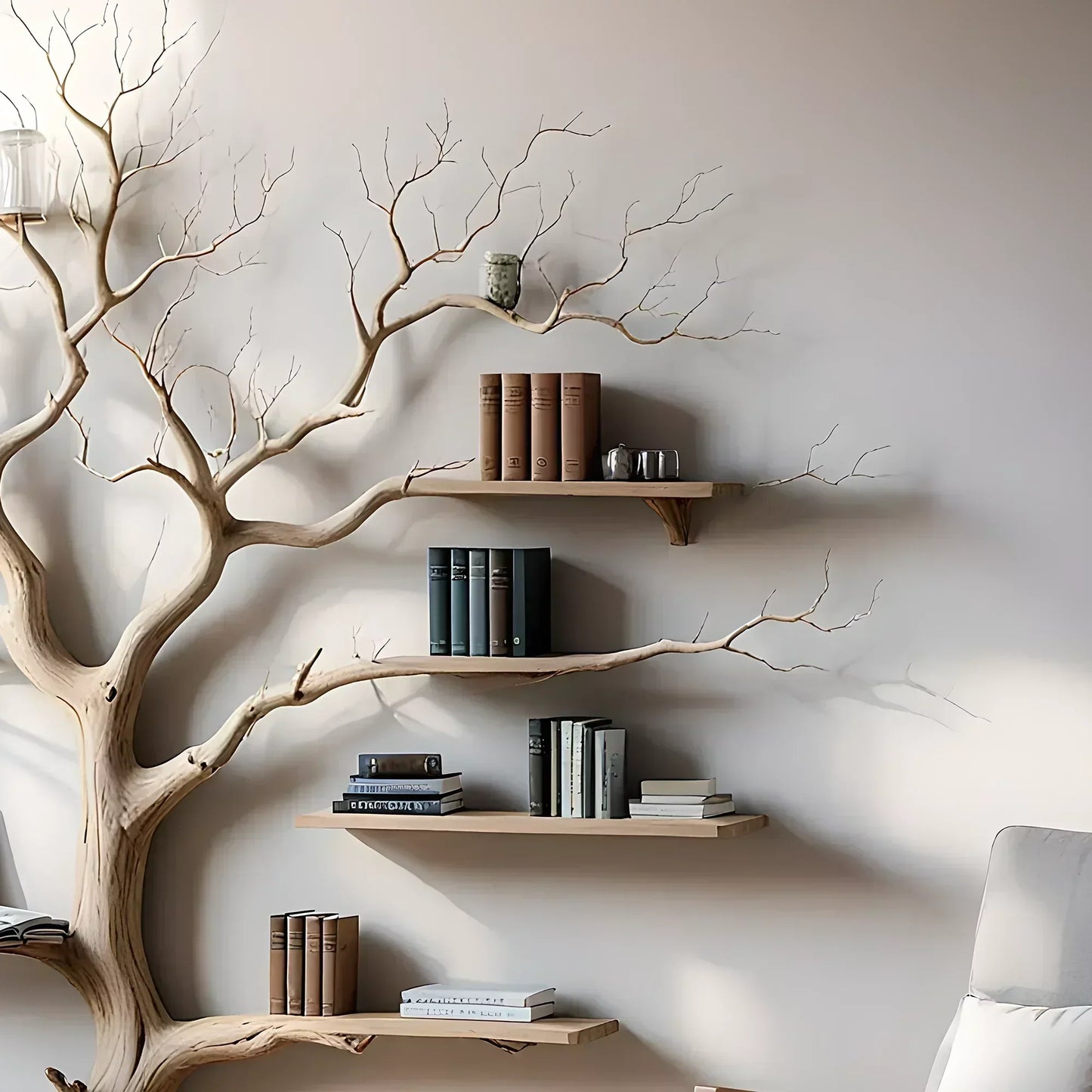 Tree shaped wall shelf, old wooden shelf. Decorative bookshelf