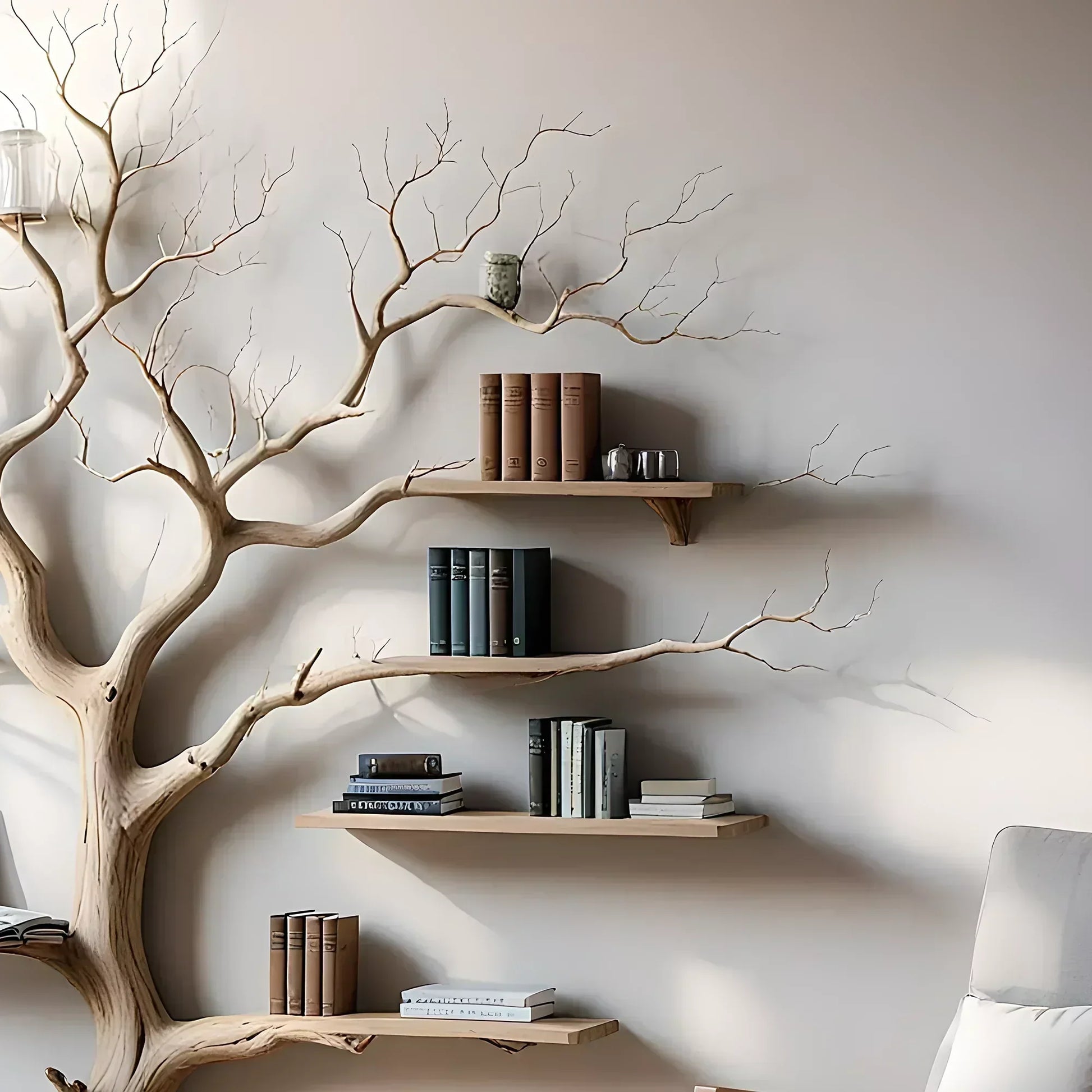 Tree shaped wall shelf, old wooden shelf. Decorative bookshelf