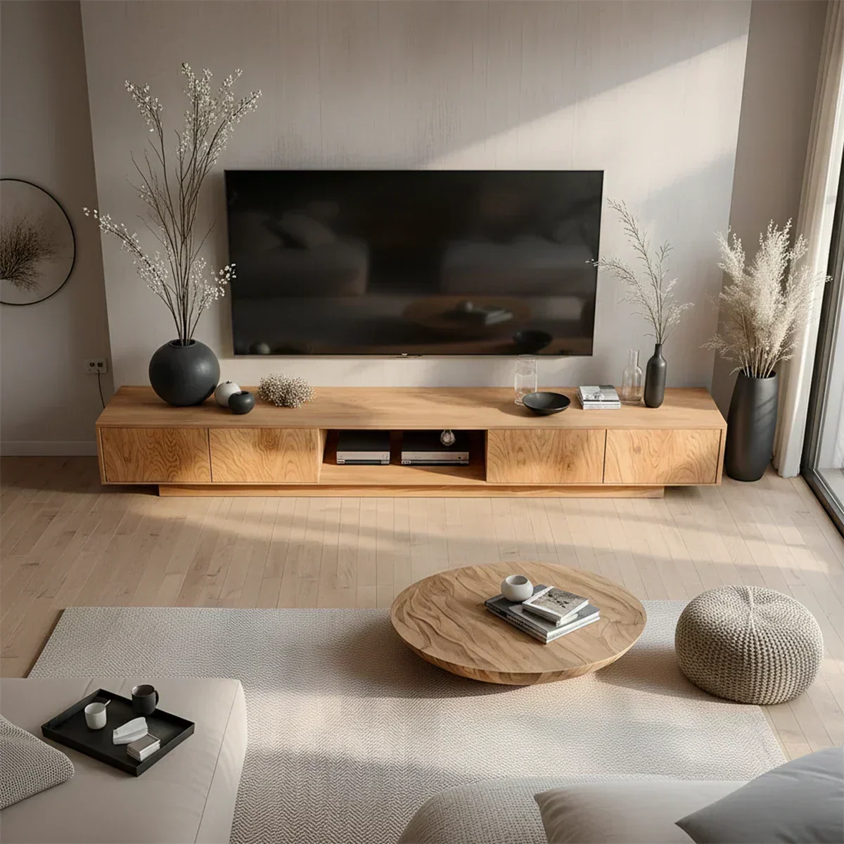 Minimalist Solid Wood Japandi TV Stand with Soft Grain & Open Shelf - Rustira