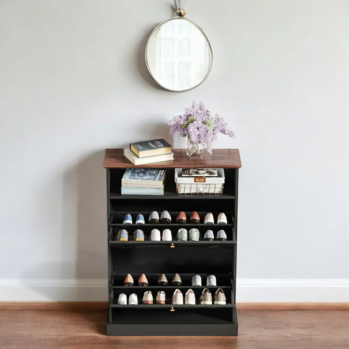 Modern Black 2-Tier Shoe Cabinet with X-Design & Top Shelf