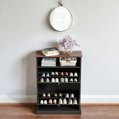 Modern Black 2-Tier Shoe Cabinet with X-Design & Top Shelf