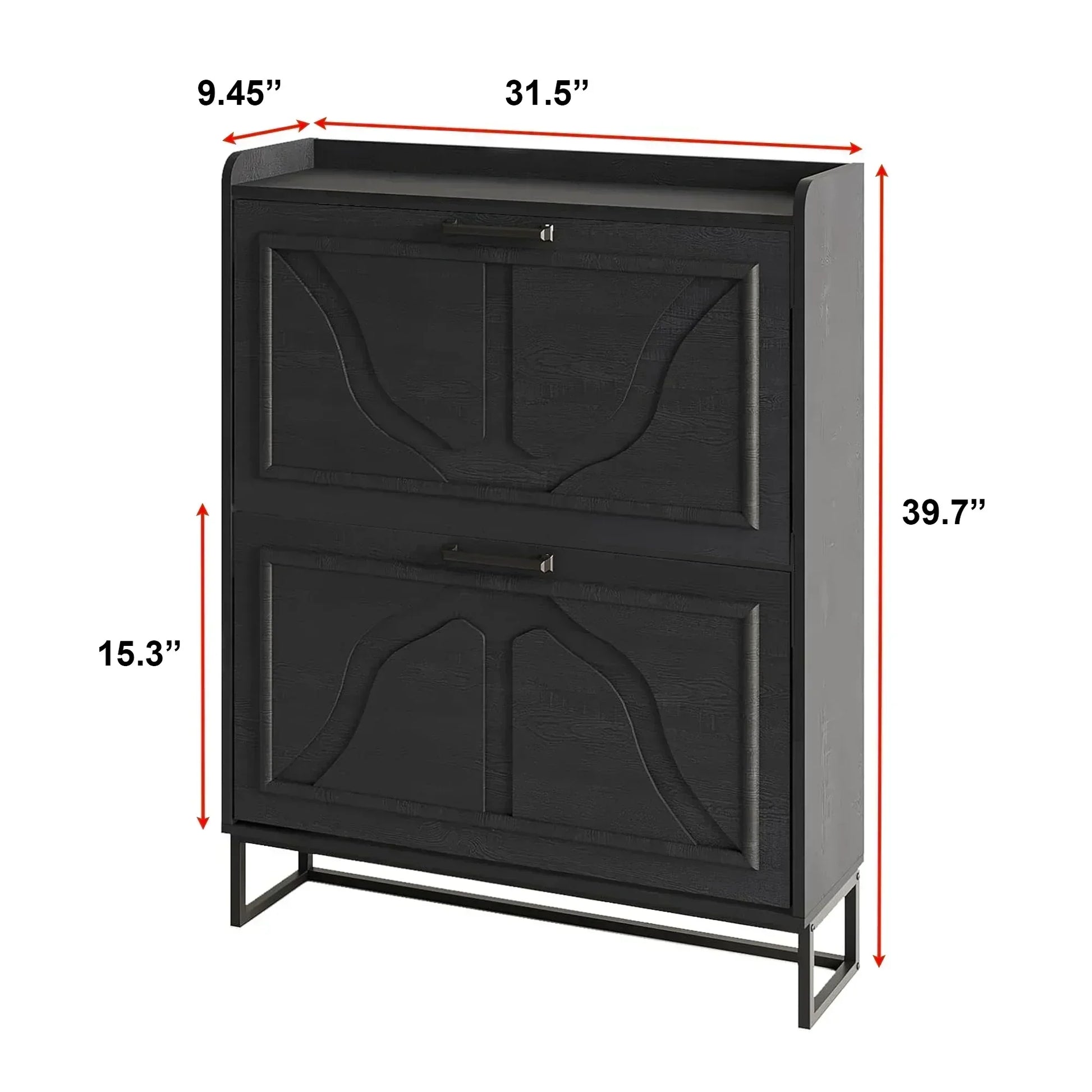 Modern Black Shoe Cabinet with 2 Flip Drawers & Open Shelf