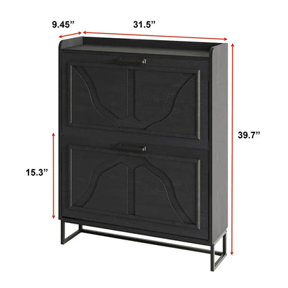 Modern Black Shoe Cabinet with 2 Flip Drawers & Open Shelf