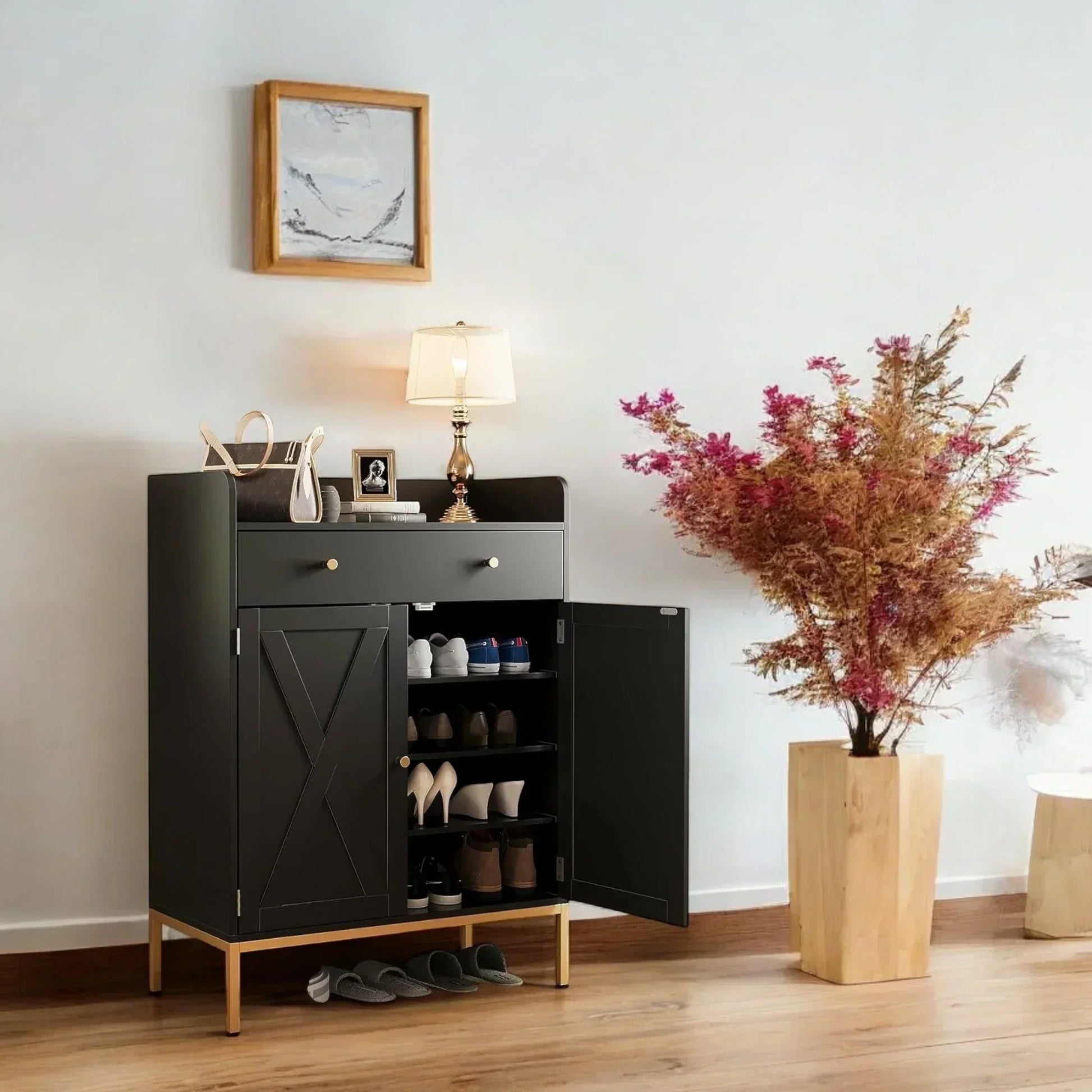 Modern Black Shoe Cabinet with Doors, Drawer & Gold Base