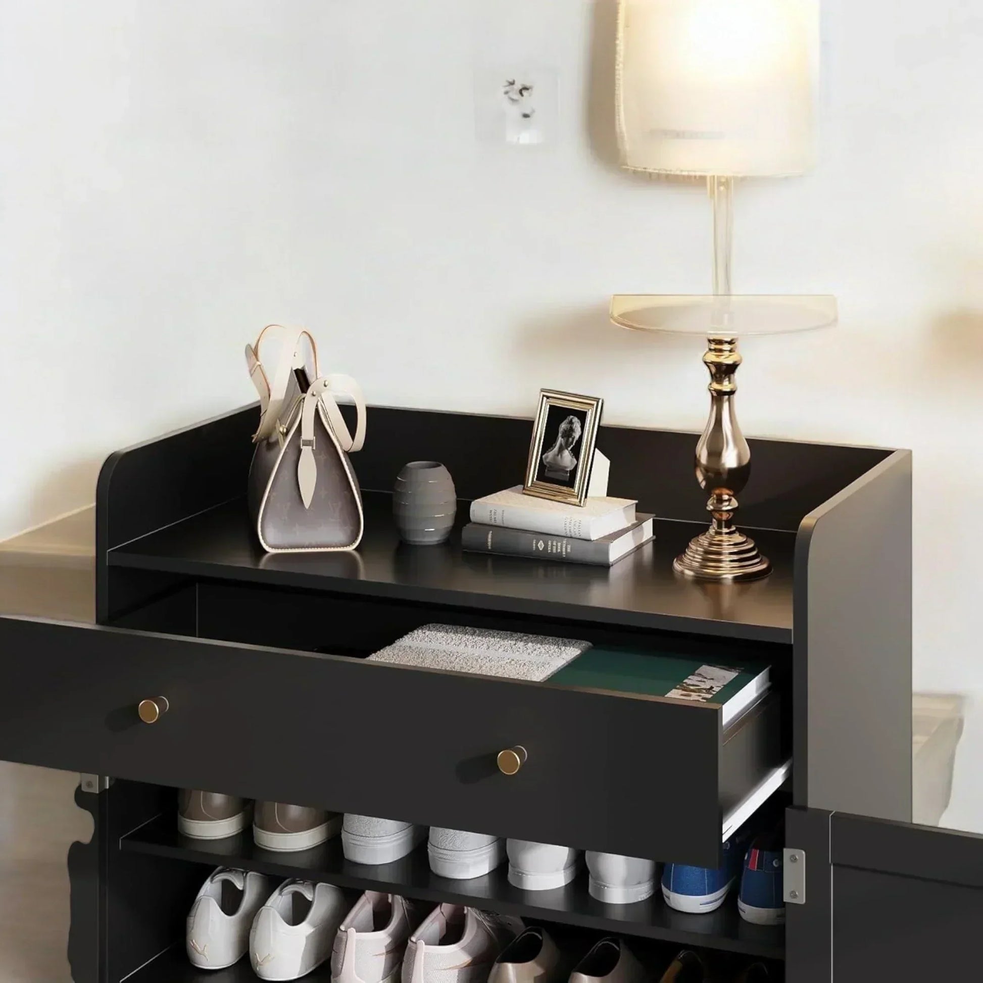Modern Black Shoe Cabinet with Doors, Drawer & Gold Base