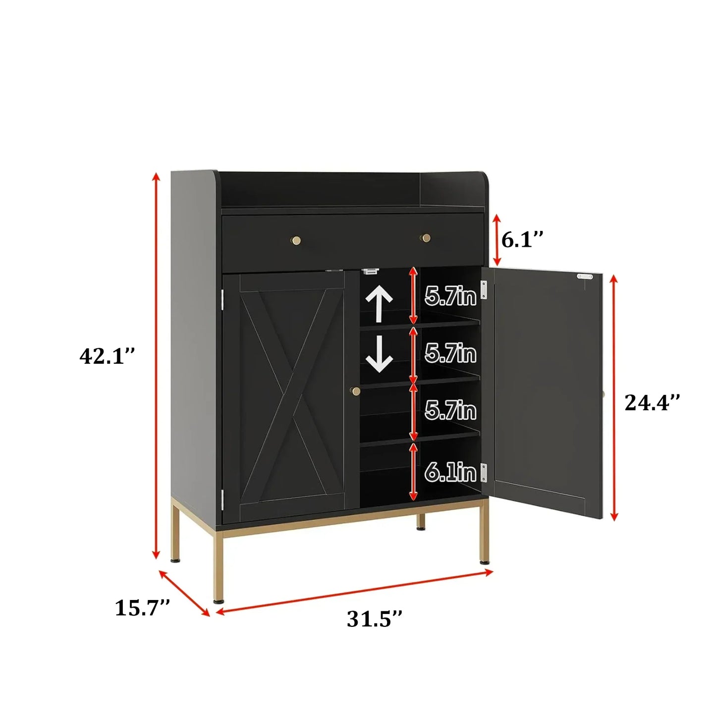 Modern Black Shoe Cabinet with Doors, Drawer & Gold Base