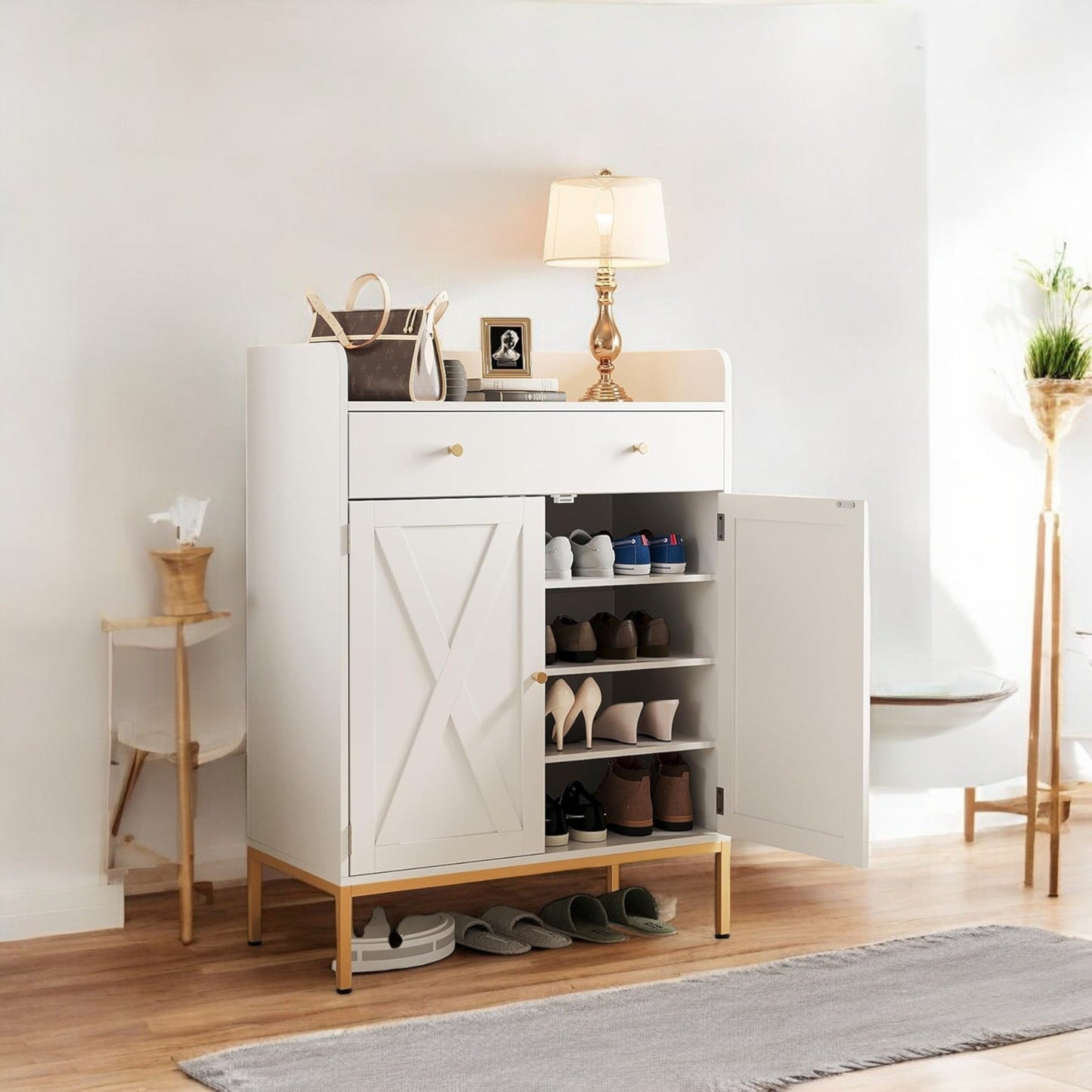 Modern Black Shoe Cabinet with Doors, Drawer & Gold Base