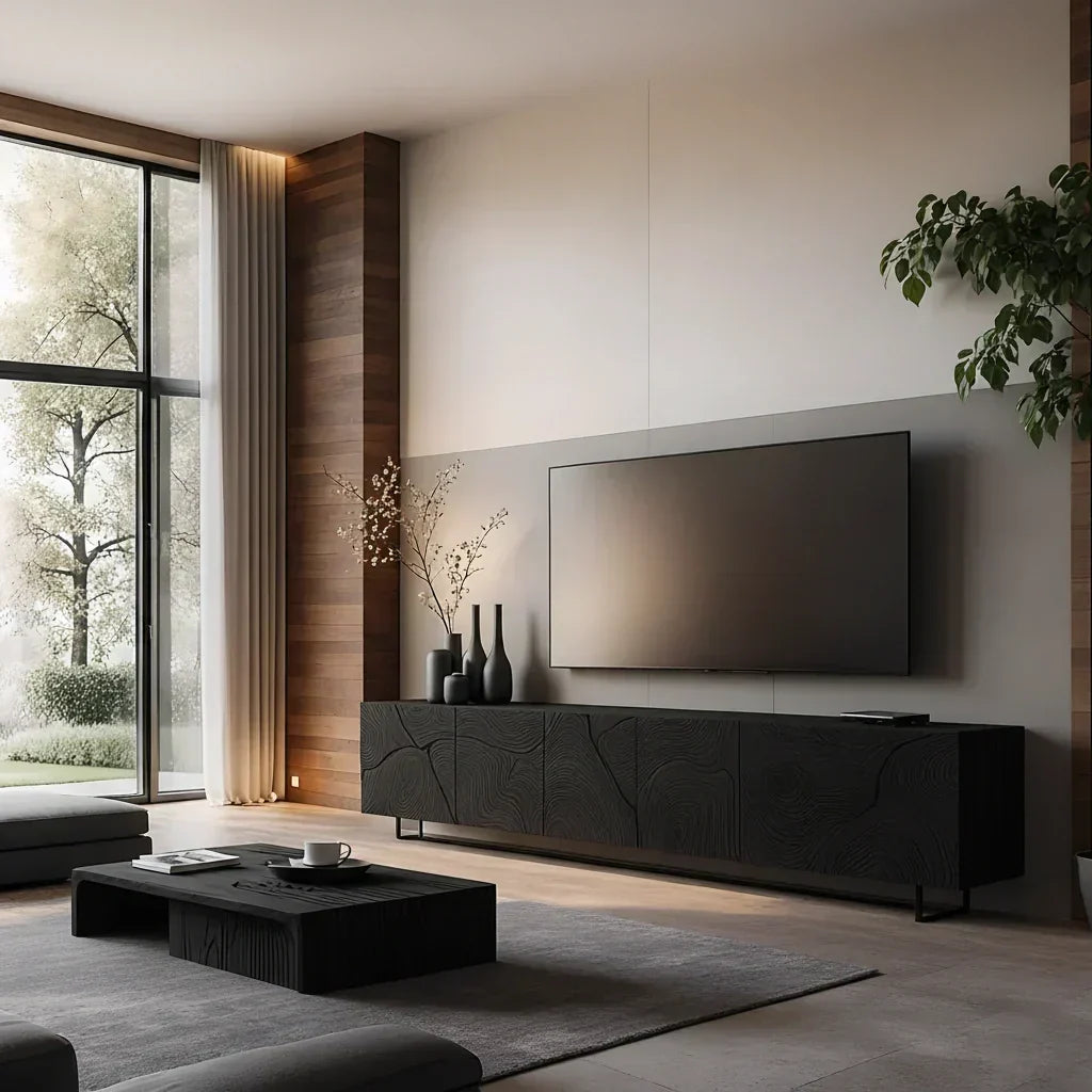 Modern Hand-Carved Solid Wood TV Console & Coffee Table Set – Organic Line Art - Rustira