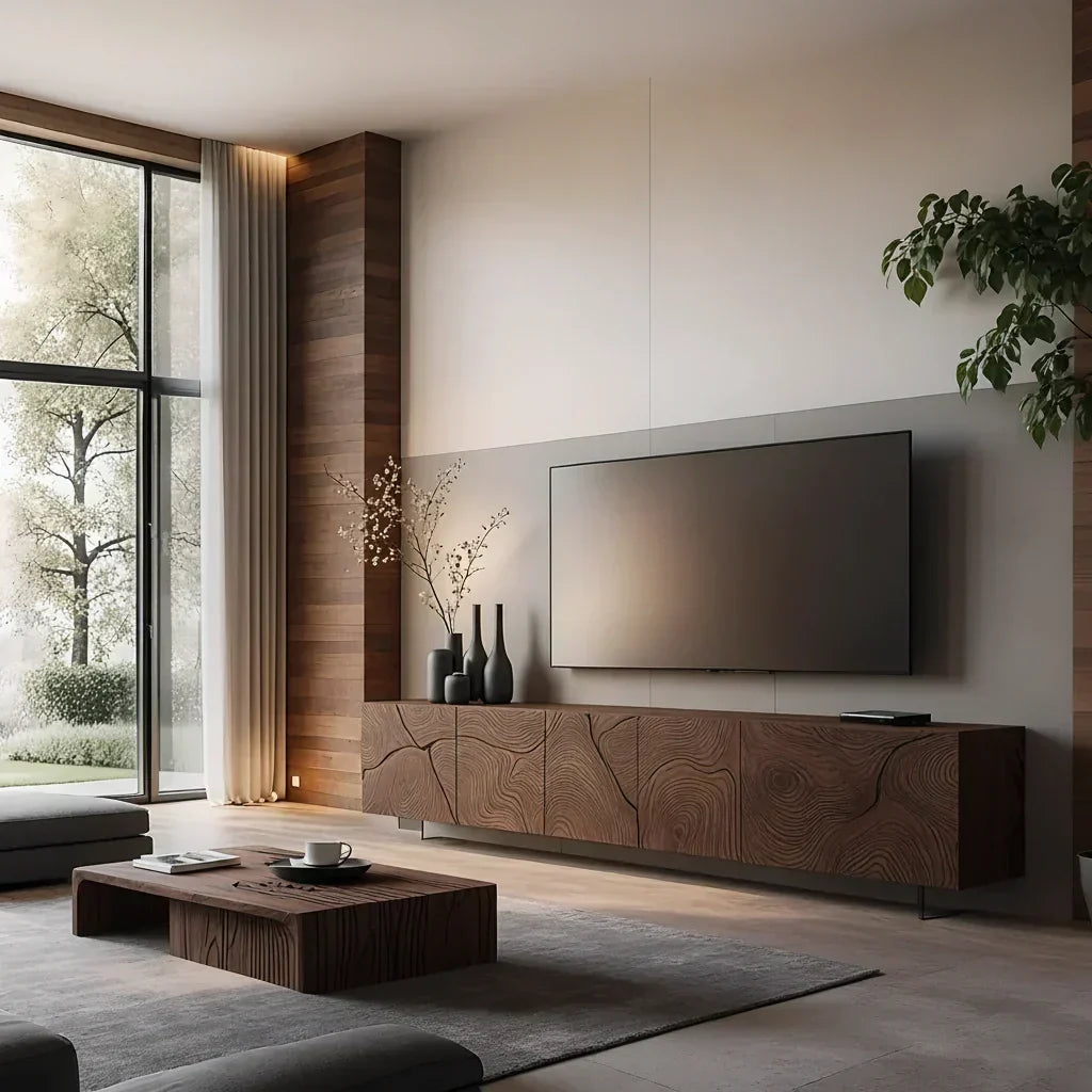Modern Hand-Carved Solid Wood TV Console & Coffee Table Set – Organic Line Art - Rustira