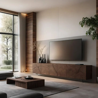 Modern Hand-Carved Solid Wood TV Console & Coffee Table Set – Organic Line Art - Rustira