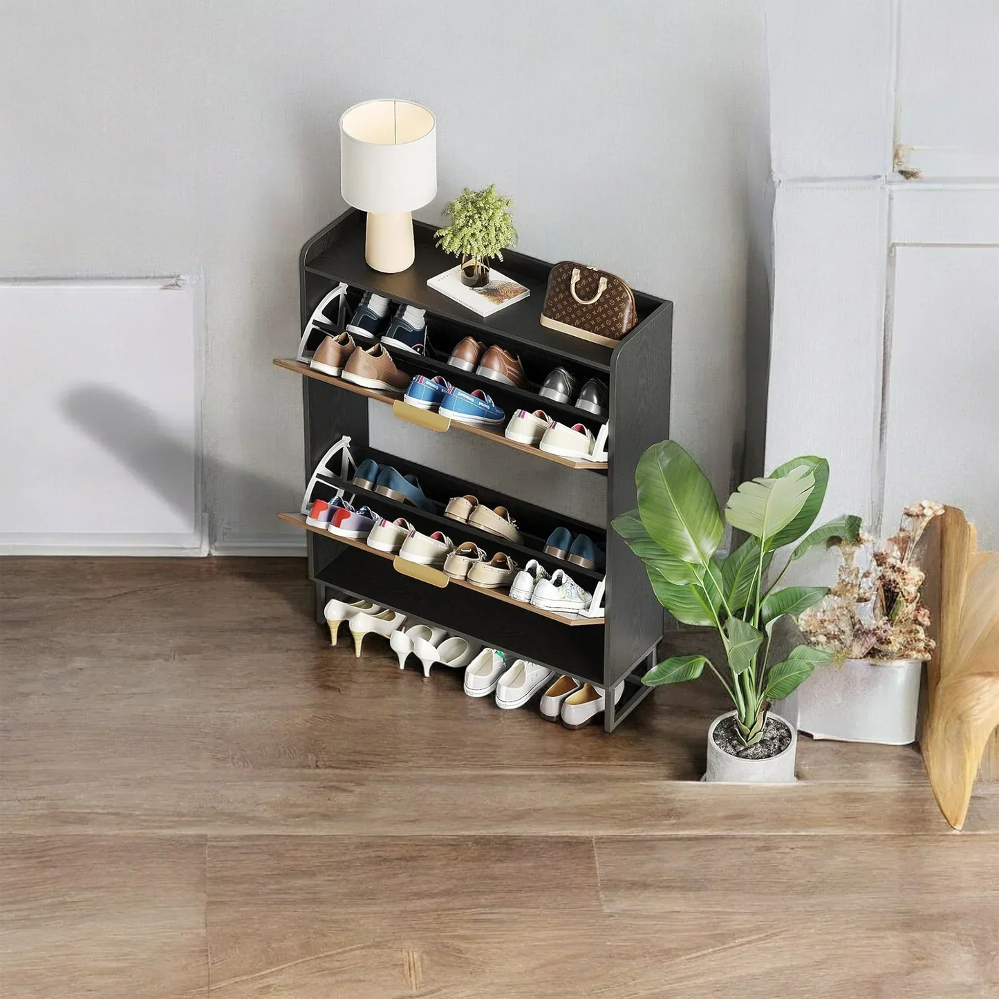 Modern Herringbone Wooden Shoe Cabinet – Slim 2 Flip Drawers