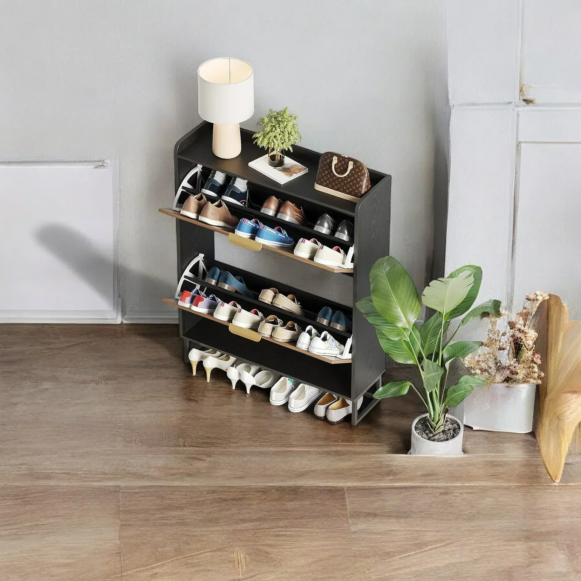 Modern Herringbone Wooden Shoe Cabinet – Slim 2 Flip Drawers