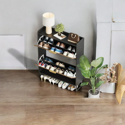 Modern Herringbone Wooden Shoe Cabinet – Slim 2 Flip Drawers