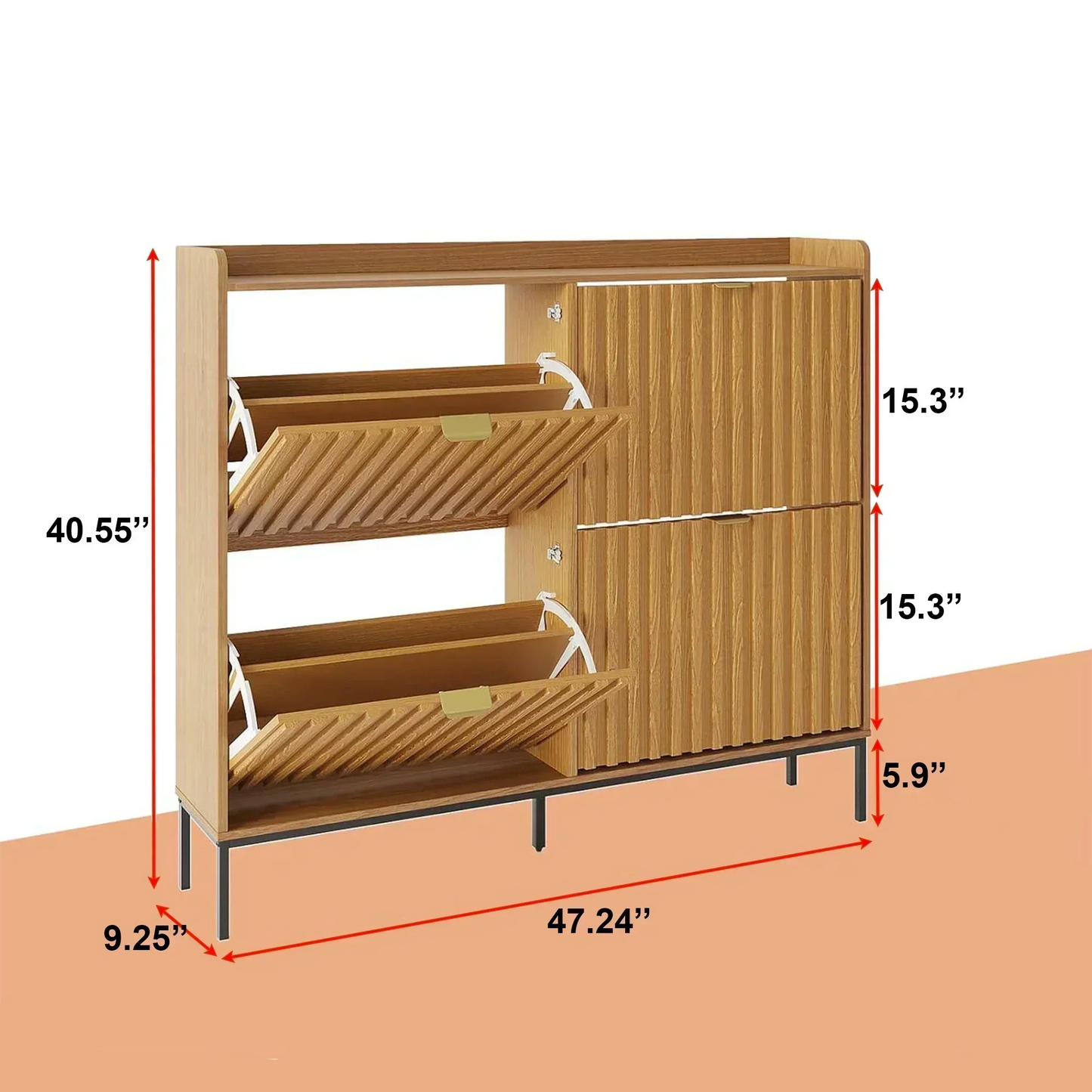 Modern Oak Shoe Cabinet with 3 Doors & Open Shelf