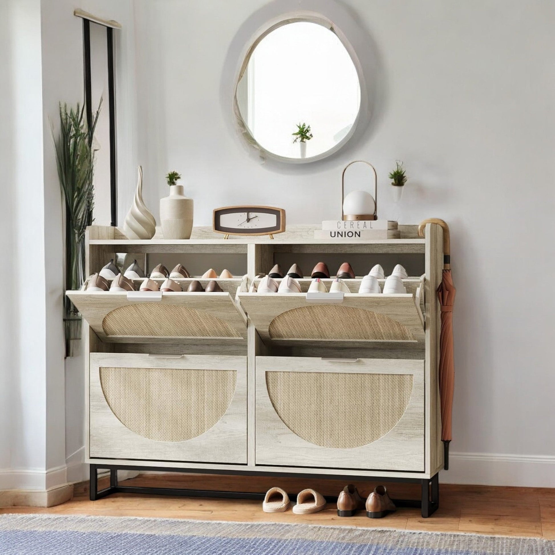 Modern Rattan-Style 4-Tier Shoe Cabinet with Slim Storage Design
