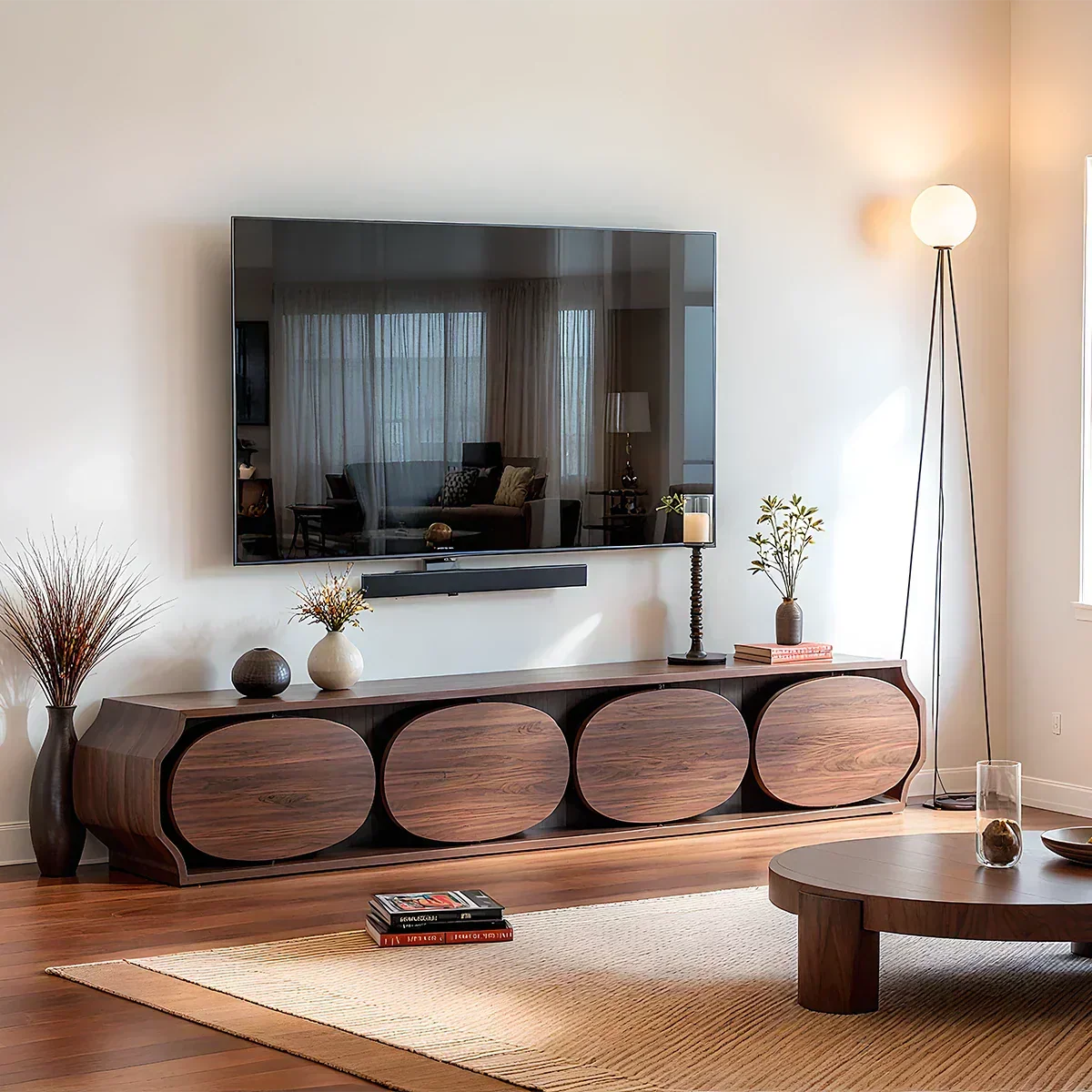 Modern Round-Panel Walnut TV Console With Sculpted Curves - Rustira