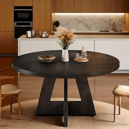 Modern Round Wooden Dining Table – Elegant T-Shaped Pedestal Base for Stylish Dining Spaces