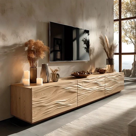 Modern Wavy Solid Wood TV Stand – Sculpted Minimalist Media Console - Rustira