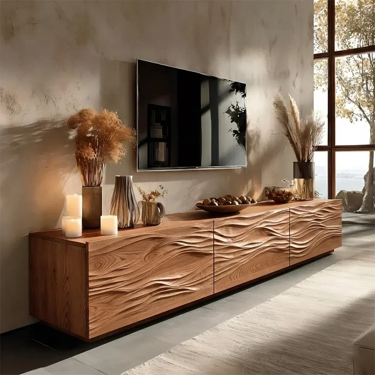 Modern Wavy Solid Wood TV Stand – Sculpted Minimalist Media Console