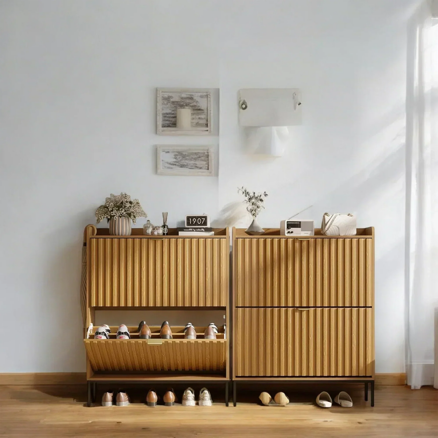 Modern Wood Grain Shoe Cabinet with Flip Drawers & Open Shelf