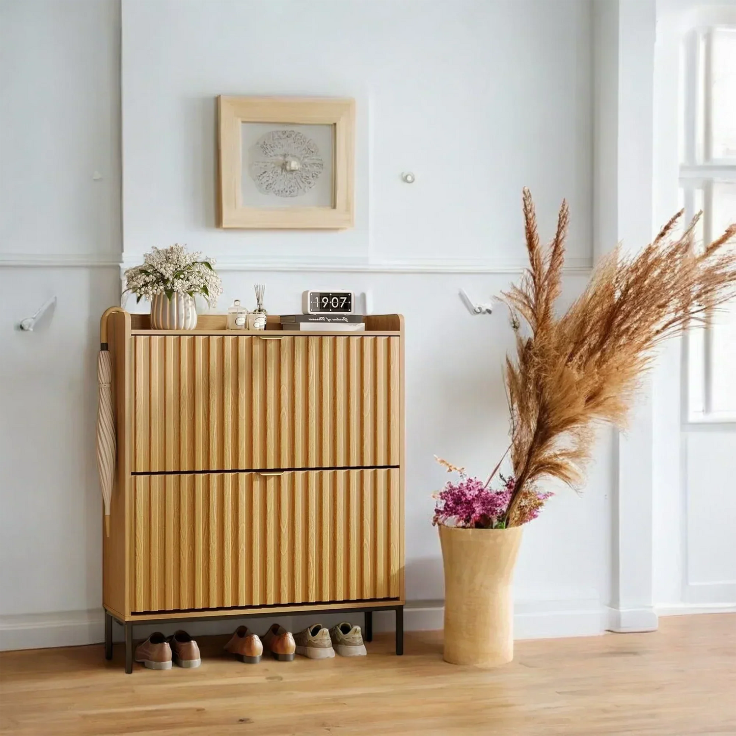 Modern Wood Grain Shoe Cabinet with Flip Drawers & Open Shelf