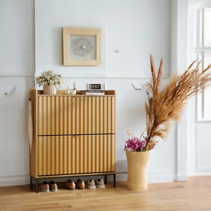 Modern Wood Grain Shoe Cabinet with Flip Drawers & Open Shelf