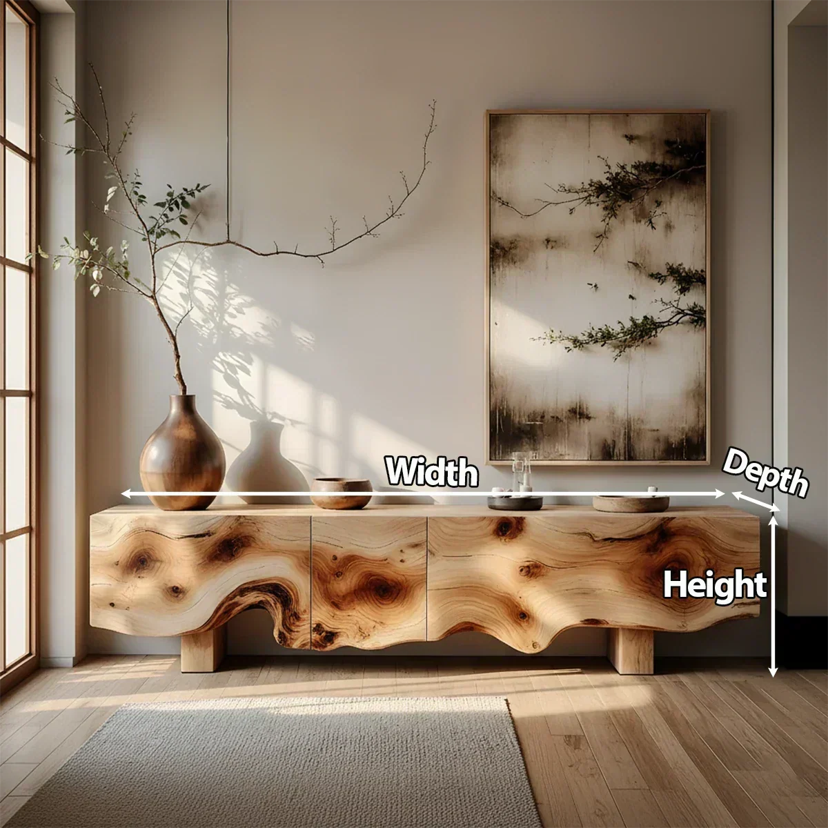 Natural Burl Flow Solid Wood TV Console – Wabi Sabi Organic Design - Rustira