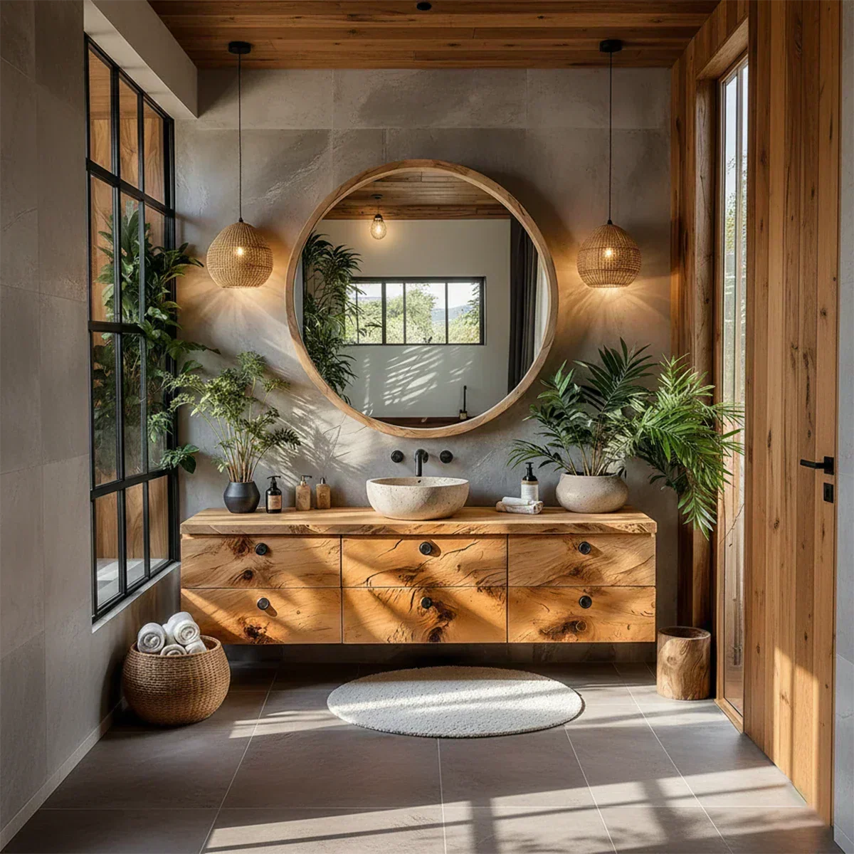 Natural Knotted Wood Floating Vanity with Round Mirror - Rustira