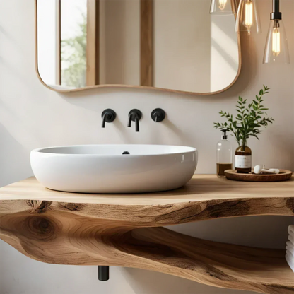 Organic Solid Wood Floating Bathroom Vanity With Open Shelf - Rustira
