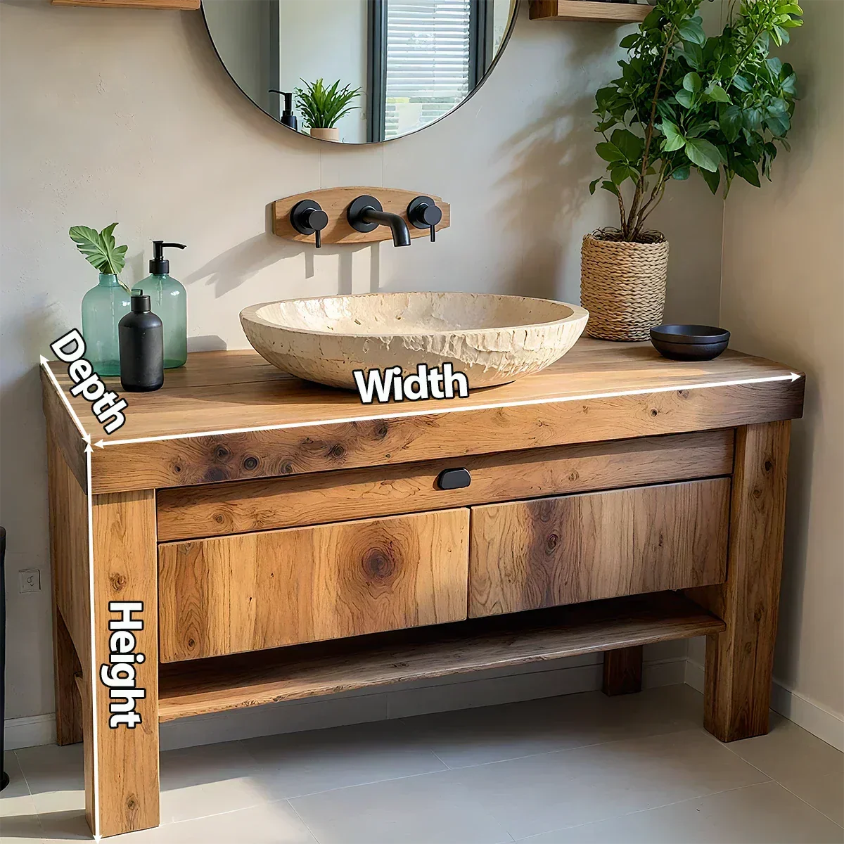 Natural Solid Wood Vanity with Carved Stone Basin - Rustira