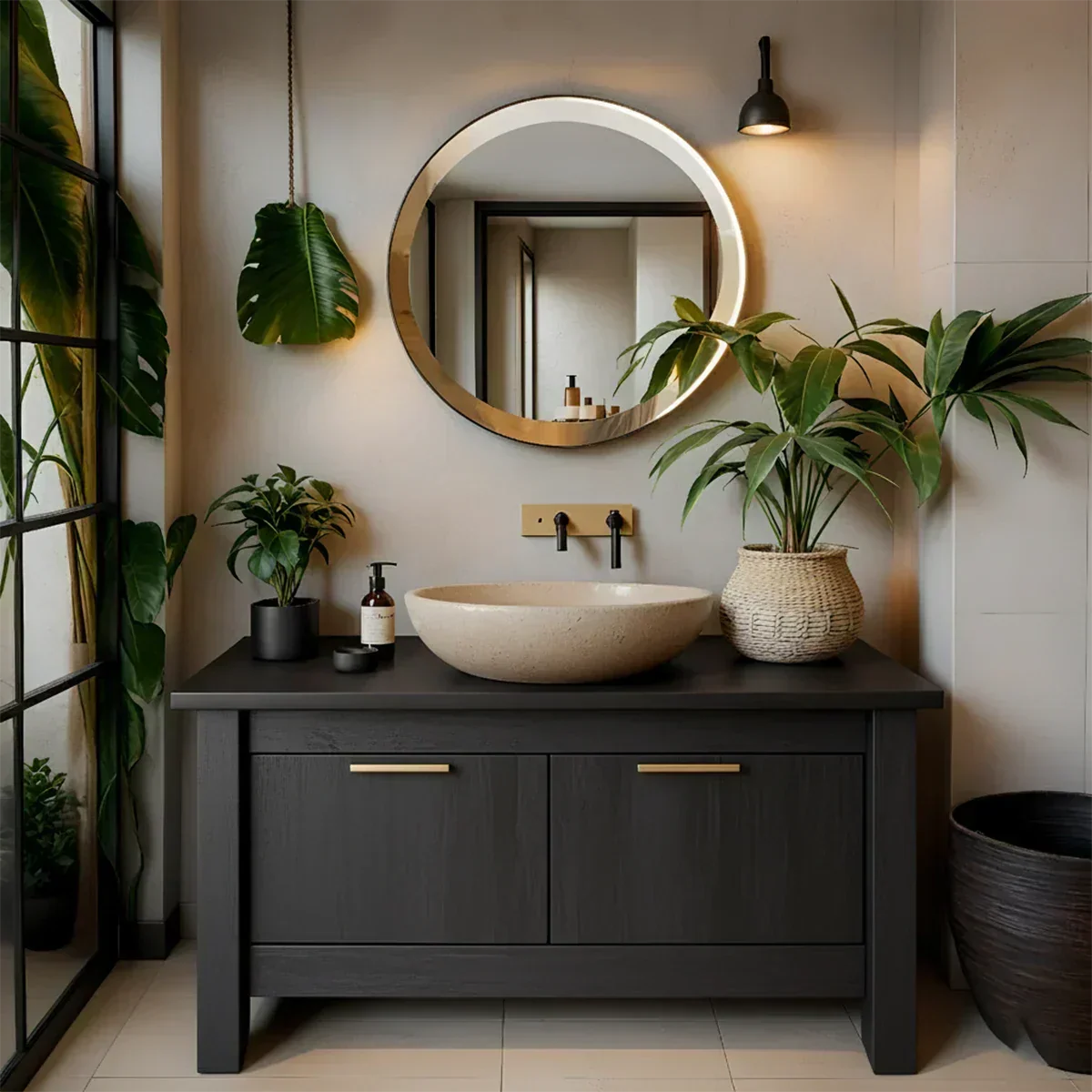 Natural Solid Wood Vanity with Brass Handles & Stone Basin - Rustira