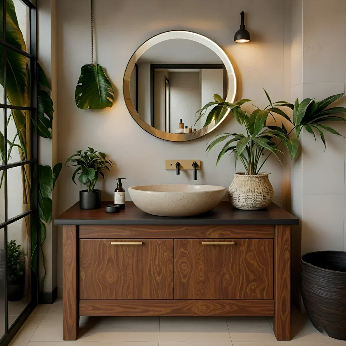 Natural Solid Wood Vanity with Brass Handles & Stone Basin - Rustira