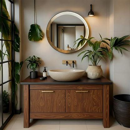 Natural Solid Wood Vanity with Brass Handles & Stone Basin - Rustira