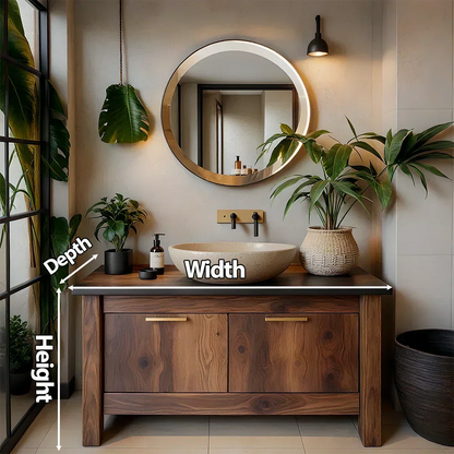 Natural Solid Wood Vanity with Brass Handles & Stone Basin - Rustira