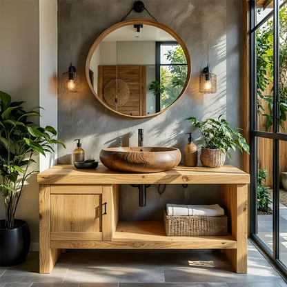 Natural Solid Wood Vanity with Door Cabinet & Open Shelf - Rustira
