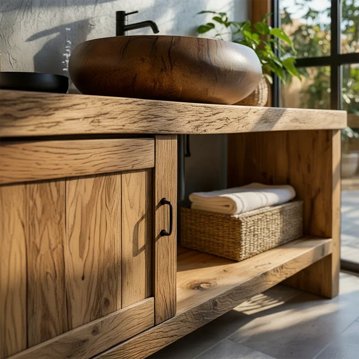 Natural Solid Wood Vanity with Door Cabinet & Open Shelf - Rustira